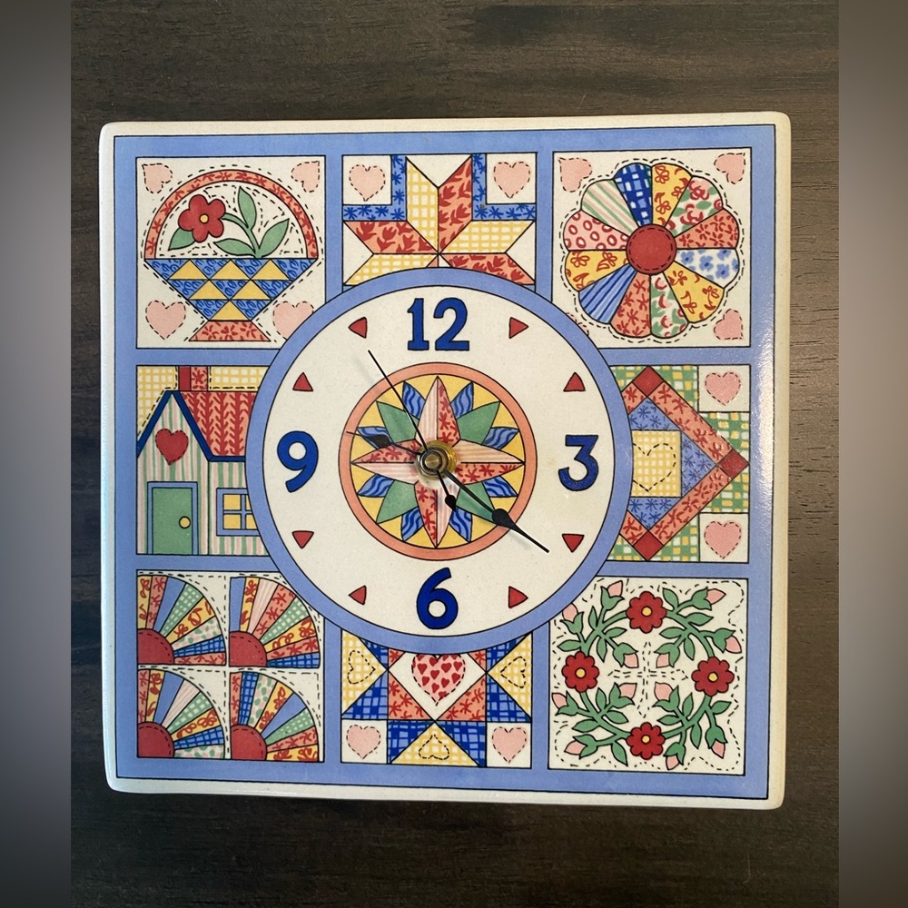 Vintage 1994 Santa Barbara Ceramic Design Square Clock with Unique quilt design
